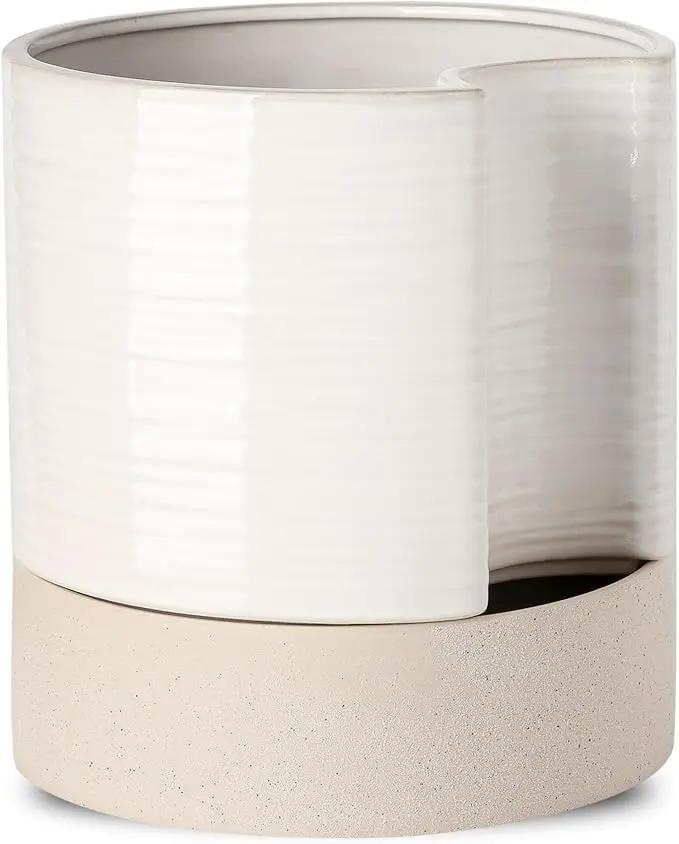Nihow Self Watering Plant Pot: 8 Inch Ceramic Planter with Drainage Hole & Water Storage Plus for Indoor & Outdoor Plants - Cylinder Round Flower Pot for Succulent/Herbs/Violets - Cream White & Brown by GreenHaven Gardens