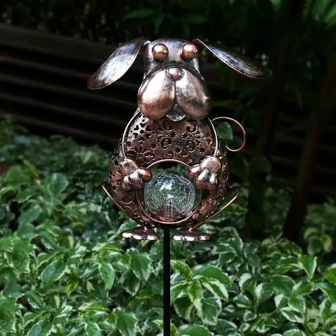 KAIXOXIN Garden Solar Lights Metal Dog Crackle Glass Globe Stake Light,Waterproof Warm White LED Solar Path Lights (Dog-Bronze) by GreenHaven Gardens