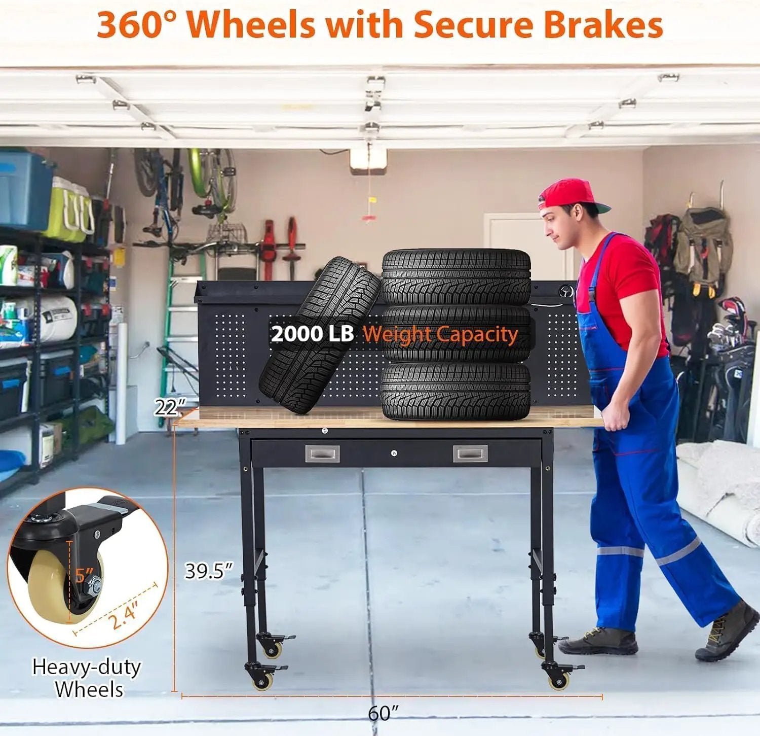 60-Inch Garage Workbench with Wheels, Adjustable Rubber Wood Top Garage Workbench with Pegboard & Drawer & Power Outlet, 2000 lbs Load Capacity, for Workshop, Woodworking, Office by GreenHaven Gardens