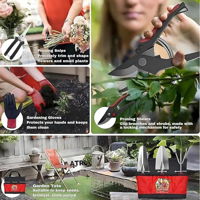 7pc Stainless Steel Heavy Duty Tool Set with Non-Slip Rubber Grip, Garden Gloves and Storage Tote Bag by GreenHaven Gardens