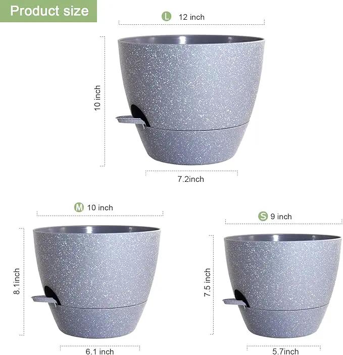 Big Self Watering Pots 12/10/9 inch, Planter, Plant Pots with Mesh Drainage Holes for Indoor Outdoor Garden Plants, Plastic Flower Pots with Removable Deep Reservoir, Speckled Grey by GreenHaven Gardens