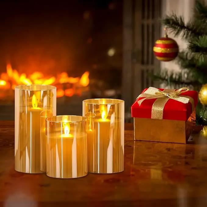 Glass Flickering Flameless Candles with Remote Timer, LED Pillar Candles Battery Operated with 3D Realistic Wick, Real Wax Fake Candles Home Decor for Wedding Festival Party(Gold) by GreenHaven Gardens