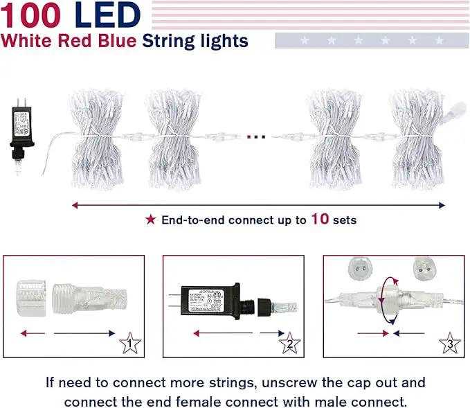 JMEXSUSS 4th of July Decorations Red White and Blue Lights, 33ft 100 LED String Light Indoor Plug-in, 8 Modes Patriotic 4th of July Lights for Indoor Outdoor Independence Day American Flag Holiday by GreenHaven Gardens