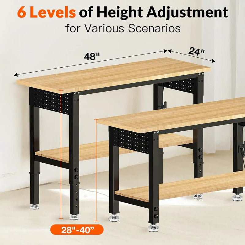 Adjustable Height Work Bench 48×24 Workbench for Garage with Under Table Shelf Heavy Duty Rubber Wood Work Table for Shop Woodworking, Office, Home, Commercial by GreenHaven Gardens