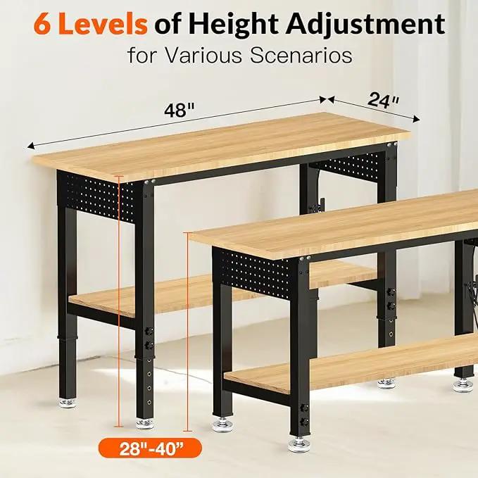 48“ Adjustable Height Workbench Work Bench for Garage Work Table with Under Table Shelf Heavy Duty Rubber Wood Top for Shop Woodworking, Office, Home, Commercial by GreenHaven Gardens