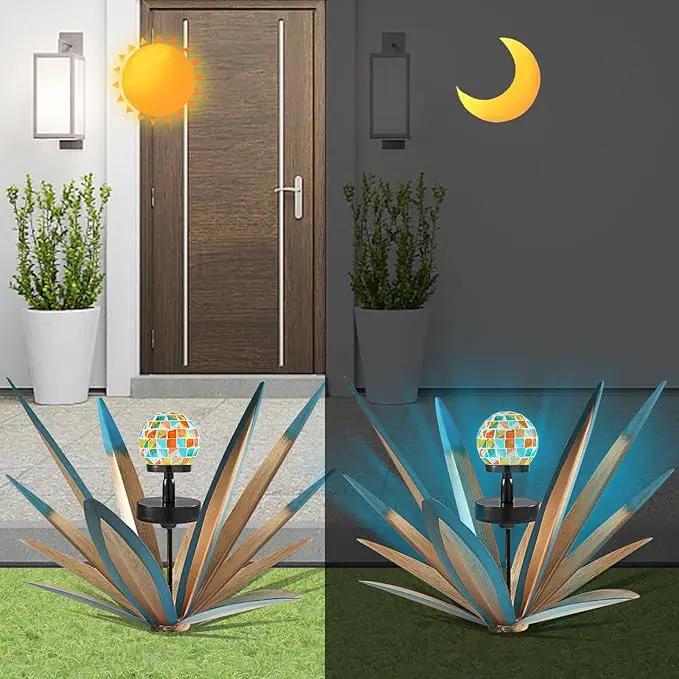 Enlarge Metal Plants Tequila Rustic Sculpture, Outdoor Patio Yard, Home Decor Hand Painted Agave Garden Statue, Outdoor Lawn Ornaments Yard Stakes for Mom Gift (1 Solar Blue) by GreenHaven Gardens