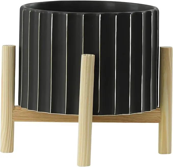 Sagebrook Home 8" Ceramic Planter - Black Planter Elevated on Wooden Stand with Fluted Design - for Indoor or Outdoor Plants, Great Gift Idea for Plant Lovers by GreenHaven Gardens