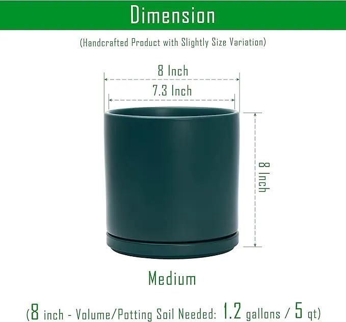 D'vine Dev 8 Inch Ceramic Planter Pot with Drainage Hole and Saucer, Indoor Cylinder Round Planter Pot, Teal, 94-O-D-9 by GreenHaven Gardens