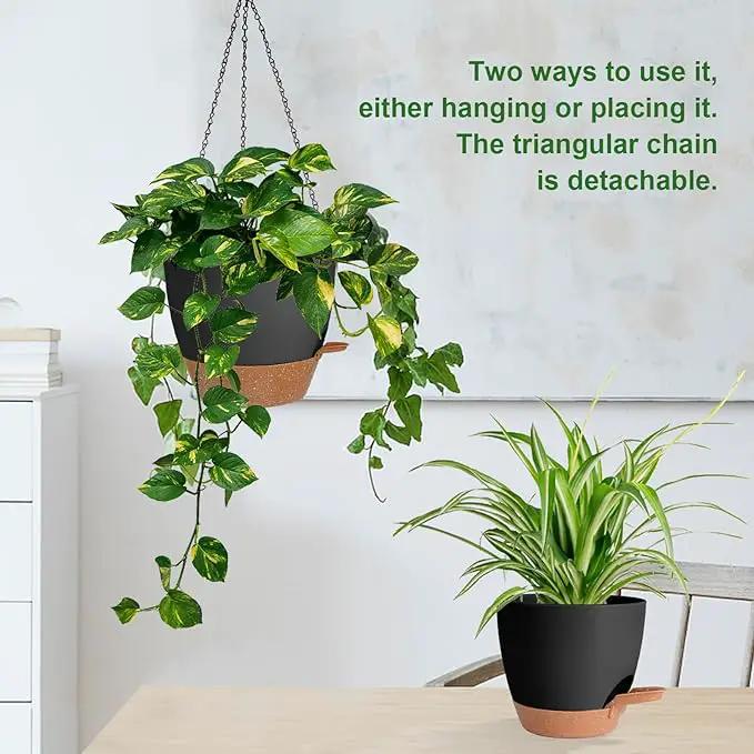 3 Pack Hanging Planter Indoor Outdoor Flower Pots 7/6.5/5 Inch, Self-Watering Hanging Pot with Drainage Holes Hanging Baskets Holder Plant Pots for Garden (Black) by GreenHaven Gardens