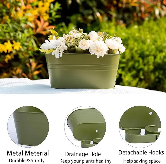 3 Pack Metal Hanging Flower Pots for Railing Fence，Outdoor Balcony Rail Planter with Detachable Hooks Drainage Holes for Deck Garden Home Decor Green by GreenHaven Gardens