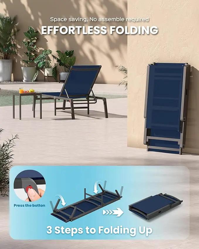 Chaise Lounge Outdoor, Foldable Aluminum Pool Lounge Chairs with 5 Positions Recliner - Free Assembly - Patio Chaise Lounge Chair for Poolside, Beach, Yard (NavyBlue) by GreenHaven Gardens
