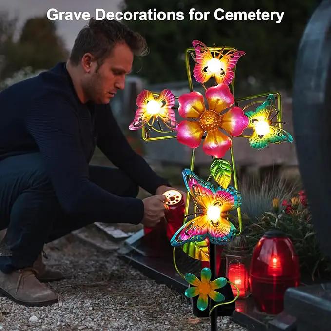 Solar Cross Garden Lights, Solar Butterfly Stake Lights Cemetery Decorations for Grave, Jesus Cross Sympathy Memorial Gifts for Mother Grandma, Metal Garden Art for Yard Lawn Patio Decor by GreenHaven Gardens