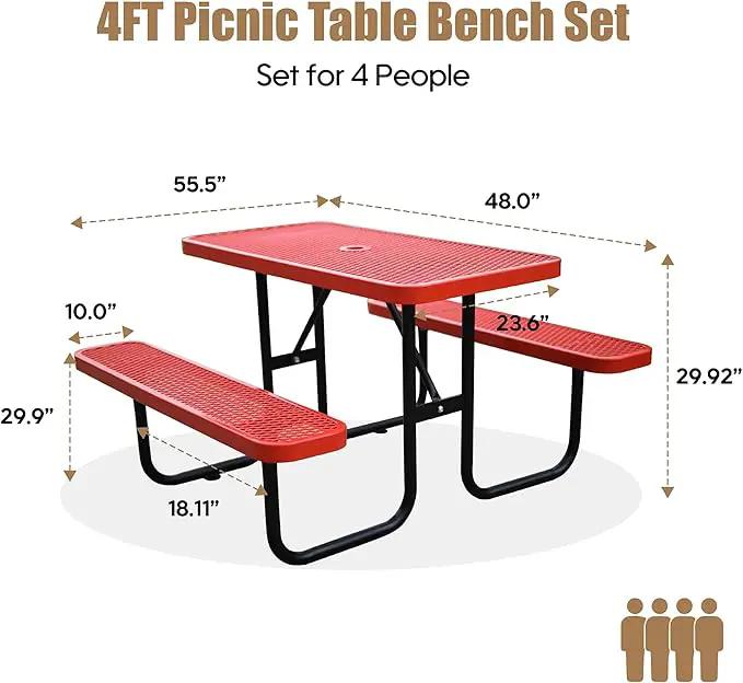 4FT Metal Picnic Tables for Outdoors, Commercial Rectangular Picnic Table and Bench Set for Outside, Patio, Garden, Backyard, Porch, Surface Mount, Red by GreenHaven Gardens
