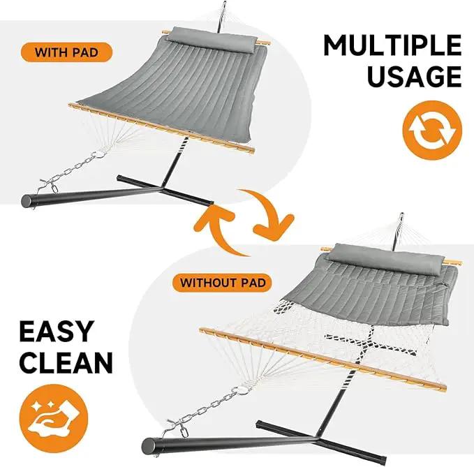 2 Person Outdoor Hammock with Stand, Cotton Rope Hammock with Polyester Pad, Adjustable Steel Frame, Portable with Carrying Bag – for Patio, Backyard, Garden, Beach, Urban-Gray by GreenHaven Gardens