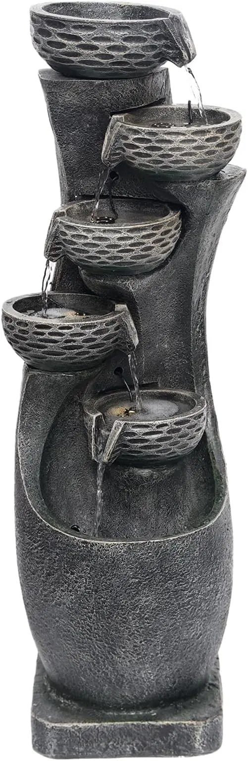 35.83''H Indoor Outdoor Modern Water Fountain 6-Tiers Garden Cascading Fountains Curve Shape Floor Standing Waterfall Water Feature with LED Light for Yard Deck Patio Home Art Decor by GreenHaven Gardens