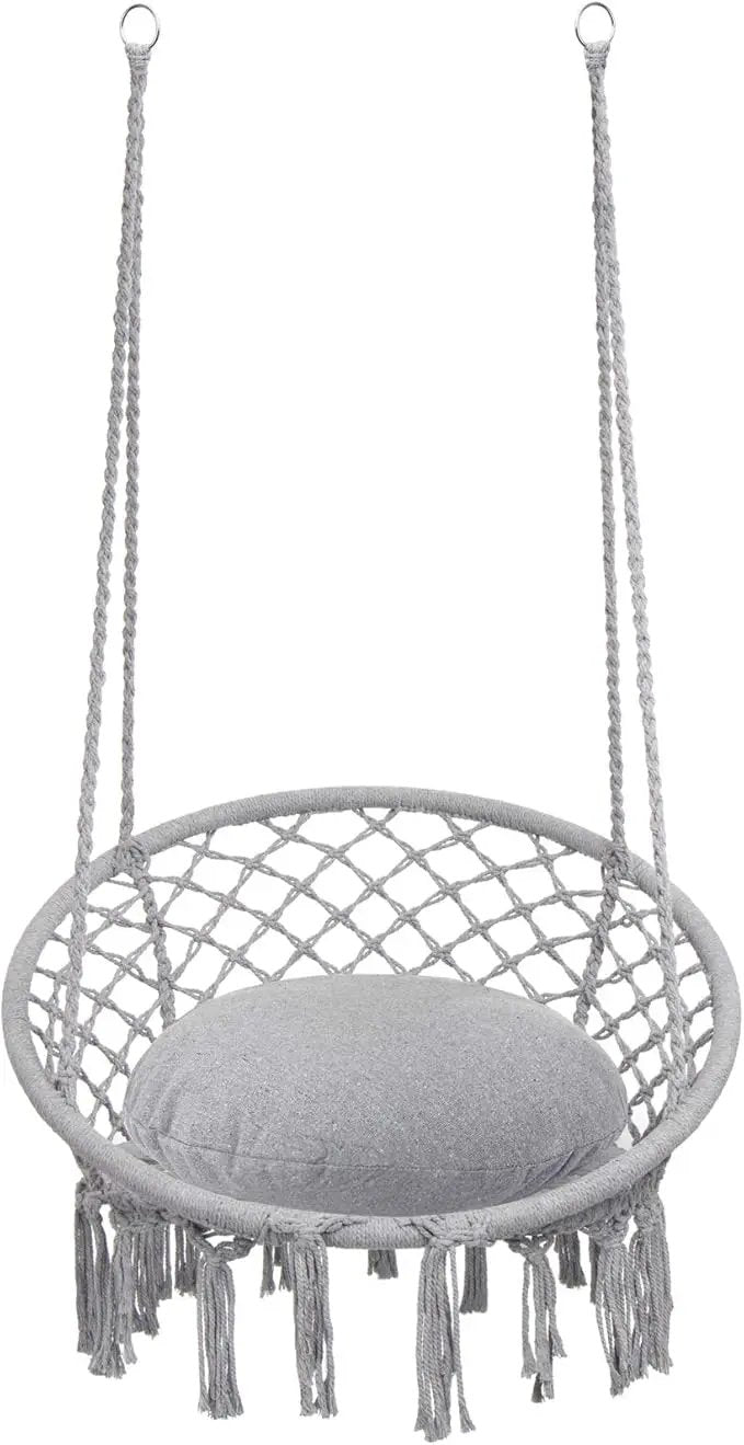 Y- STOP Hammock Chair Macrame Swing, Max 330 Lbs, Hanging Cotton Rope Hammock Swing Chair for Indoor and Outdoor Use, Light Grey by GreenHaven Gardens