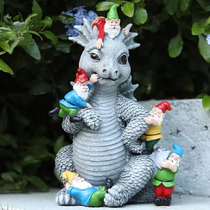 Dragon Gnome Statues Outdoor Decor, 13” Dinosaur Play with Gnomes Garden Statue, Outdoor Statue for All Season Lawn Decor, Garden Decoration, Gardening Gift by GreenHaven Gardens