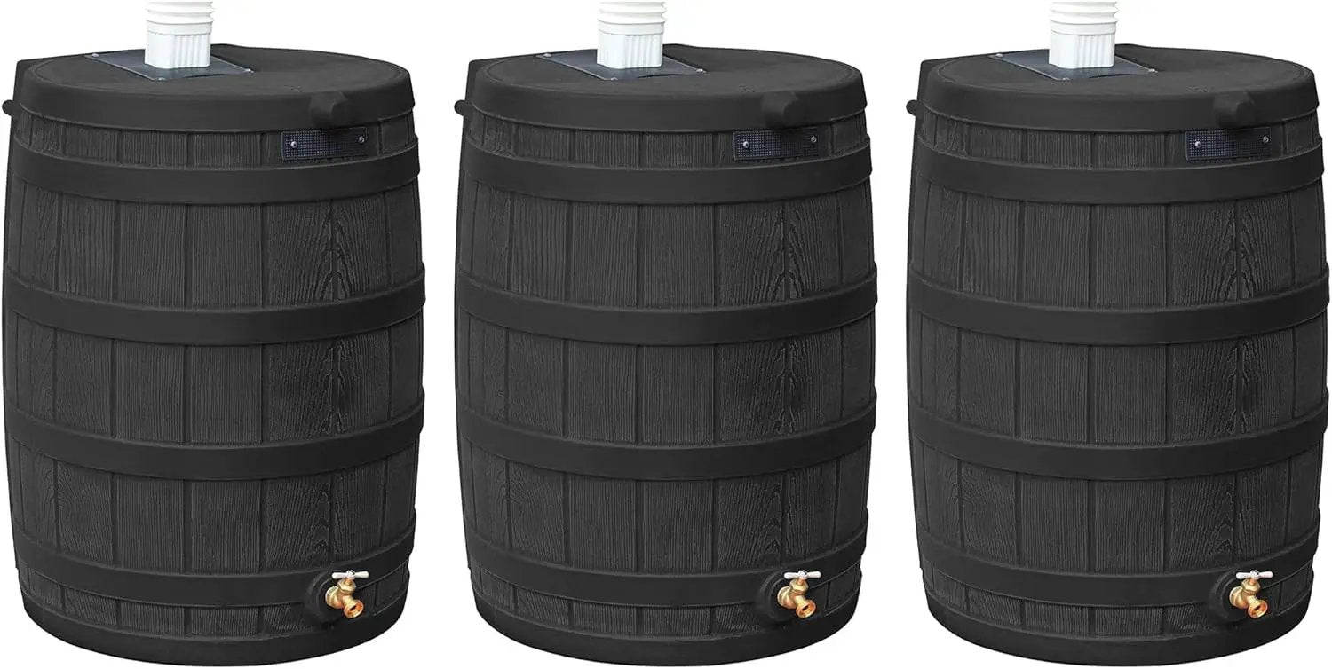 Good Ideas Rain Wizard 50 Gallon Plastic Outdoor Home Rain Barrel Water Storage Collector with Brass Spigot and Flat Back Design, Black (3 Pack) by GreenHaven Gardens