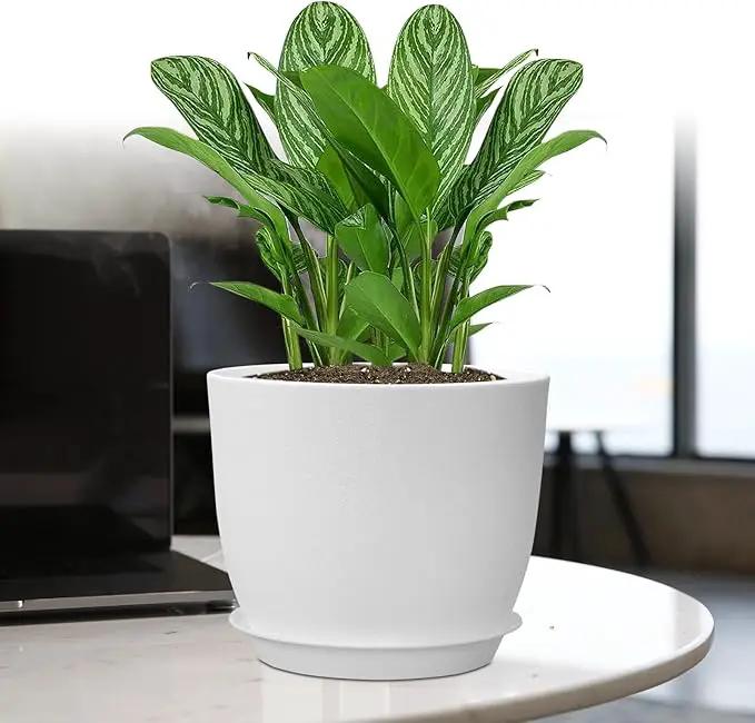 12/10/9 Large Modern Plant Pots, Plastic Planters with Drainage Holes and Saucers for Indoor Outdoor Plants Flowers, White by GreenHaven Gardens