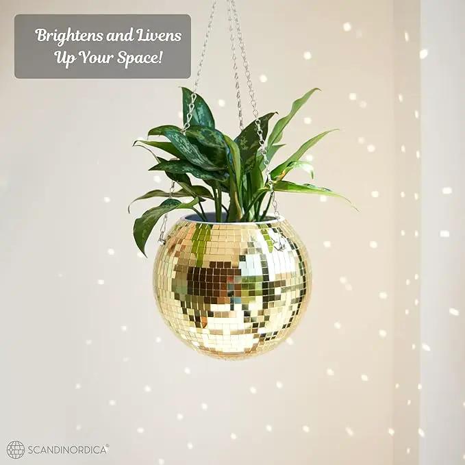 SCANDINORDICA Disco Ball Planter – Value Package: Mirror Disco Planter with Chain, Macrame Hanger and Acrylic Stand for Desk, Includes Self Watering Pot, Plant Accessories | 10 inch Gold by GreenHaven Gardens