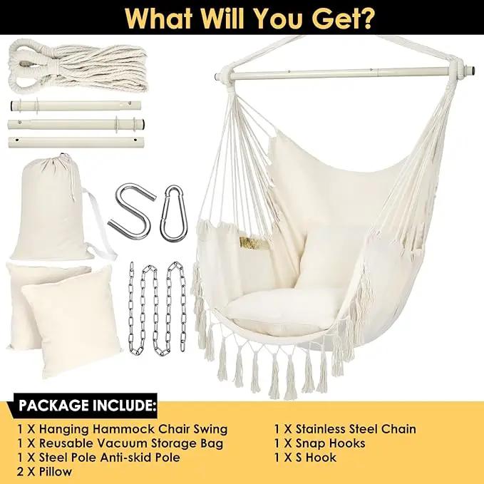 Y- STOP Hammock Chair Hanging Rope Swing, Max 500 Lbs, 2 Cushions Included, Large Macrame Hanging Chair with Pocket for Superior Comfort, with Hardware Kit (Beige) by GreenHaven Gardens