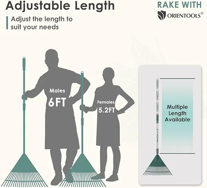 ORIENTOOLS Rake for Leaves,Adjustable Garden Leaf Rake ,Lightweight Steel Poly Yard Rake，22 Tines, 42 to 60 Inches (Silver Handle) by GreenHaven Gardens