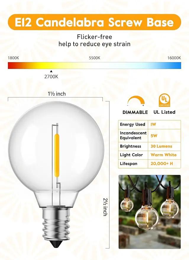 Brightown G40 Led Replacement Light Bulbs, 1W Shatterproof Globe Plastic Bulb Fits E12 or C7 Candelabra Screw Base, 1.5 Inch Dimmable Light Bulbs for Indoor Outdoor Patio Decor, Warm White, 50 Pack by GreenHaven Gardens