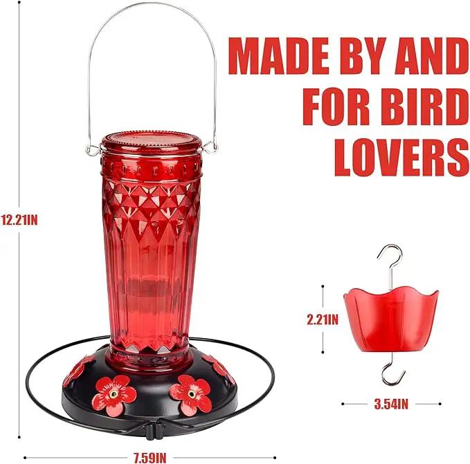 Hummingbird Feeder-16 Ounces，6 Feeding Ports Glass Hummingbird feeders for Outdoors,Wide Mouth for Easy Filling/Cleaning，Hanging for Garden Backyard Decor, Includes Ant Moat (Red) by GreenHaven Gardens
