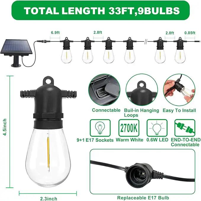 33(27+6) ft Solar String Lights Outdoor, Waterproof with USB Port Remote Control Solar Patio Lights,9 Shatterproof S14 Bulbs,1W Soft White by GreenHaven Gardens