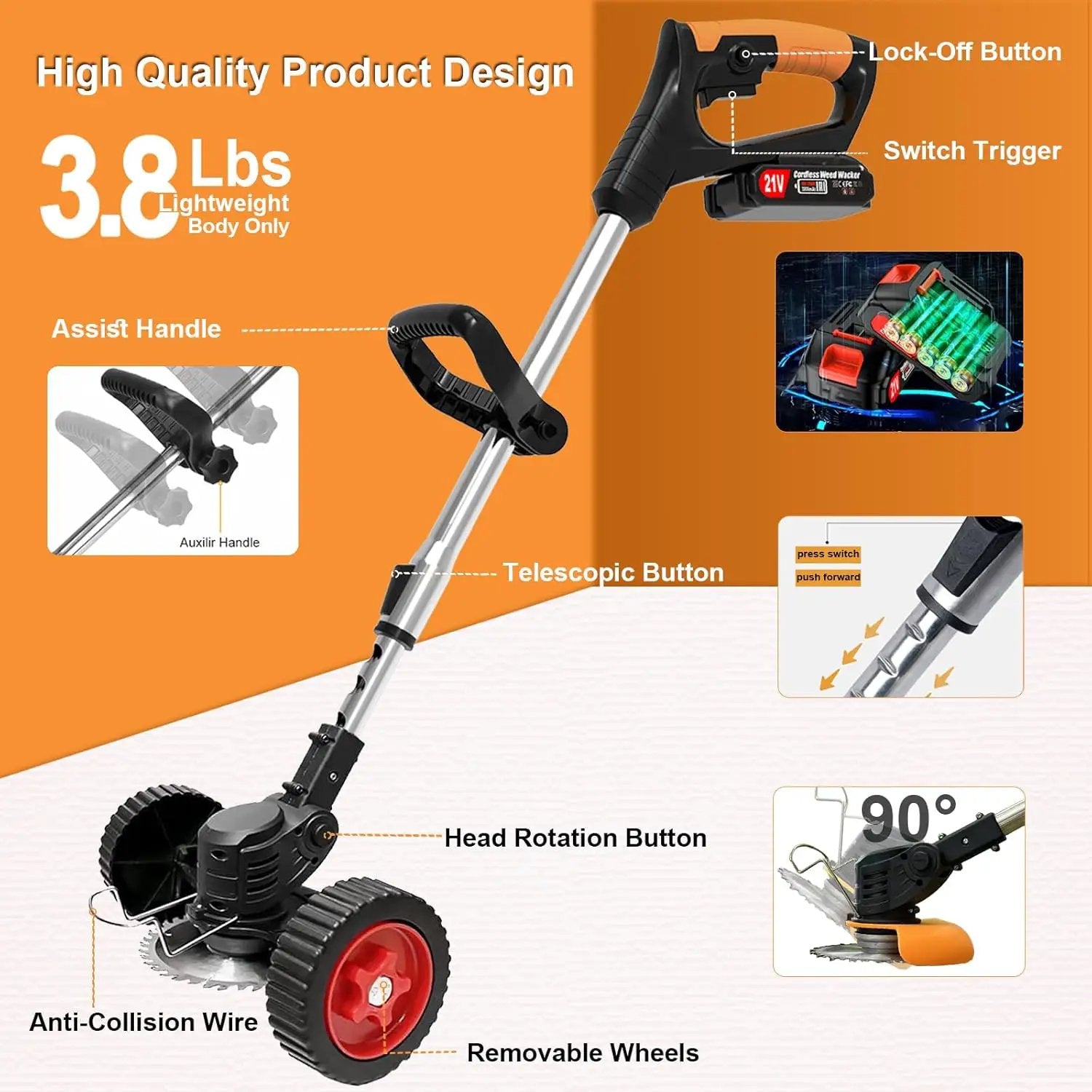 Electric Weed Wacker Eater Cordless Battery Powered, Weed Trimmer 21V Lightweight No-String with 2 Battery Operated & Wheels, 3 in 1 Stringless Grass Trimmer/Edger/Brush Cutter for Garden Yard Lawn by GreenHaven Gardens