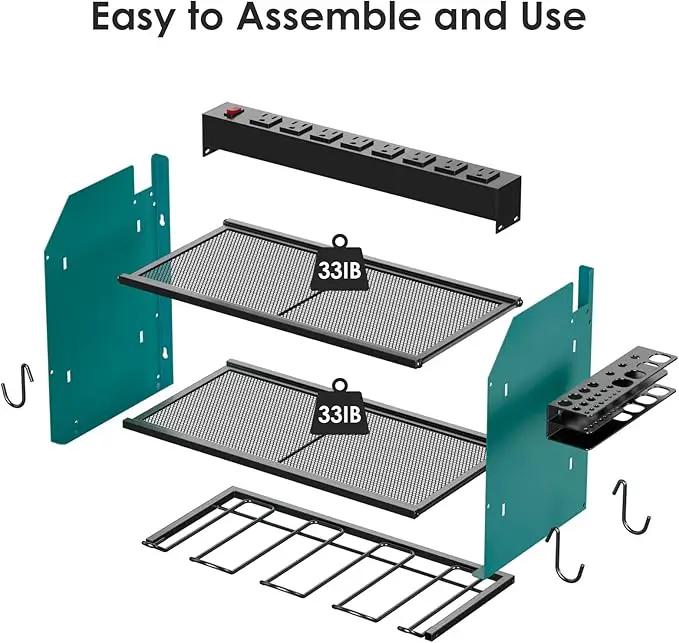 CCCEI Set Power Tool Organizer Wall Mount with Charging Station. Garage 4 Drill Storage Shelf with Hooks, Heavy Duty Metal Tool Battery Charger Organizer. Shop Utility Rack with Power Strip Navy Blue. by GreenHaven Gardens