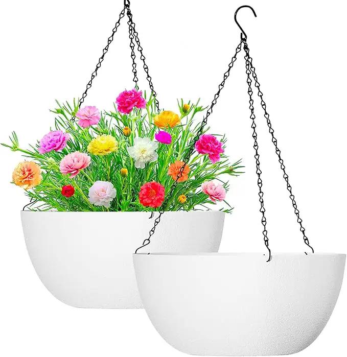 WOUSIWER 13 inch 2Pack Large Hanging Planters for Outdoor Indoor Plants with Drainage Holes and Chain, Round Hanging Flower Pots for Garden Home Porch Decor, White by GreenHaven Gardens