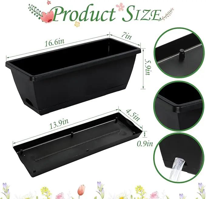12Pcs 17Inches Rectangle Planter Box with Drainage Holes and Trays Plastic Planters Flower Boxes Pots for Indoor Outdoor Plants Patio Garden Home Decor Porch Yard (Black) by GreenHaven Gardens