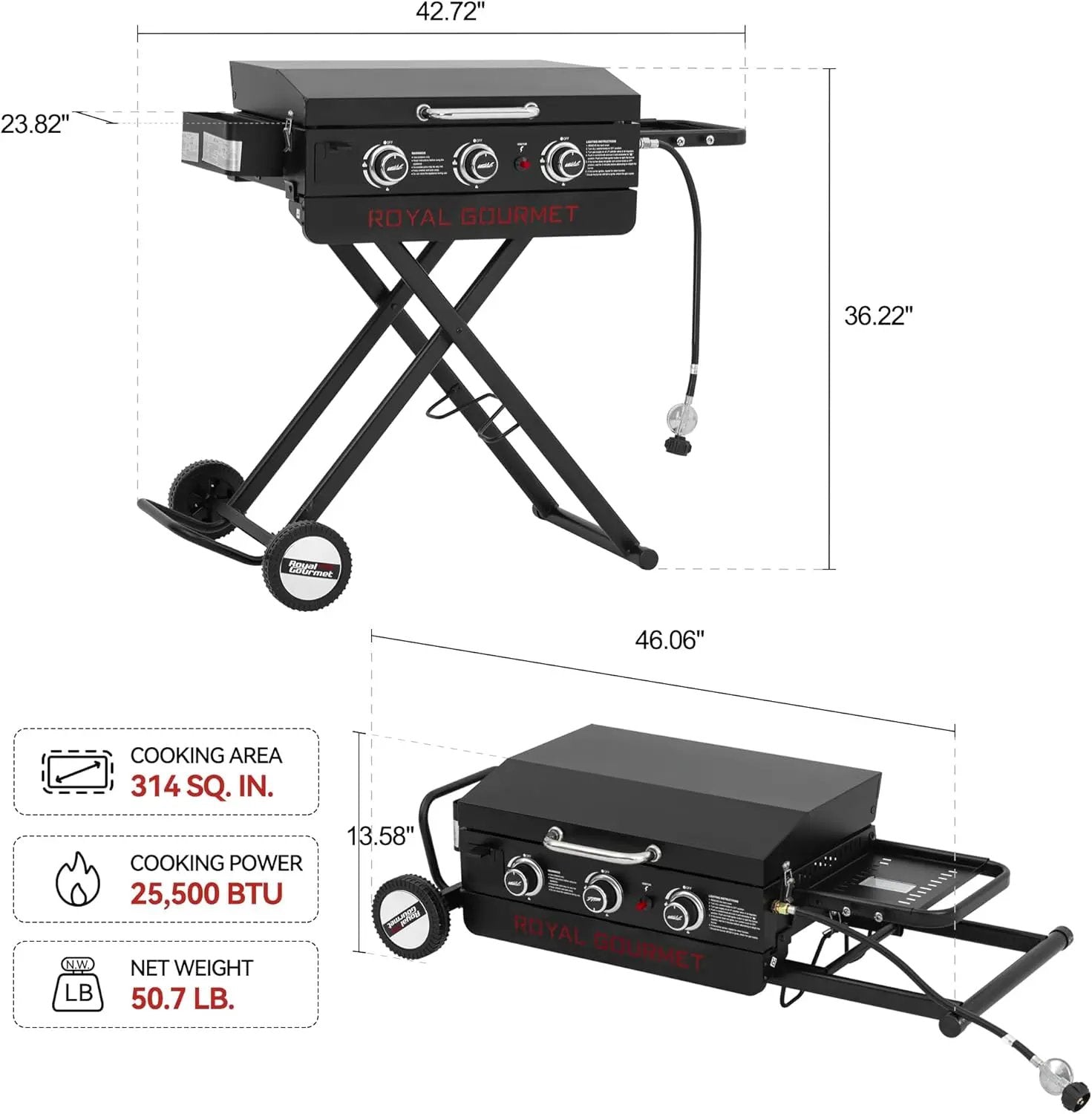 Royal Gourmet PD3001 3-Burner Propane Gas Griddle with Collapsible Stand, 23-Inch Portable Griddle with Side Table & 314 Sq. In. Cooking Area for Camping, Tailgating, Backyard & Patio, Black by GreenHaven Gardens