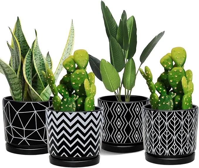 Ton Sin Flower Pots,5.5 Inch Black Ceramic Planter with Drainage Hole,Indoor Cylinder Plant Pots with Saucer,Cactus Succulent Outdoor Garden Pots Set of 4 by GreenHaven Gardens