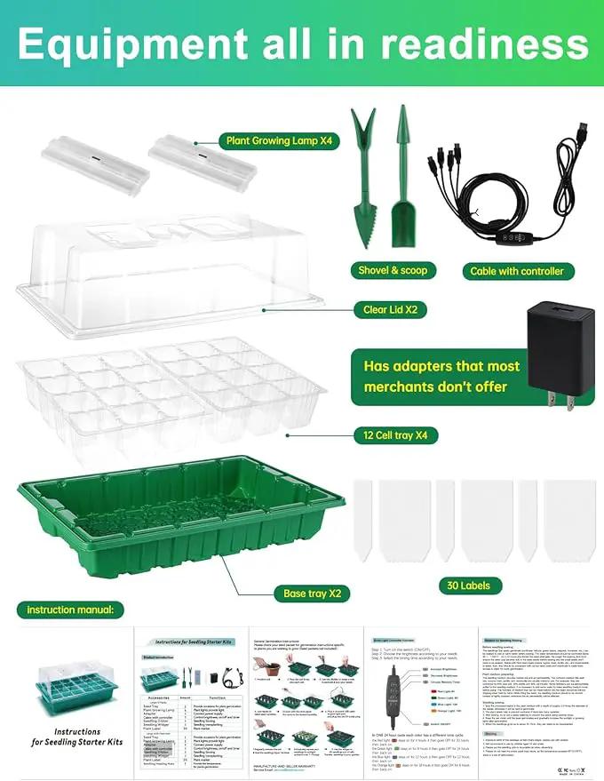 2 Packs Large Seed Starter Tray, Adjustable Brightness and Timer with 48 Full Spectrum LEDs, Seed Starter Kit with Drainage Holes, Tools and Labels for Indoor Plant Growing and Outdoor Gardening by GreenHaven Gardens