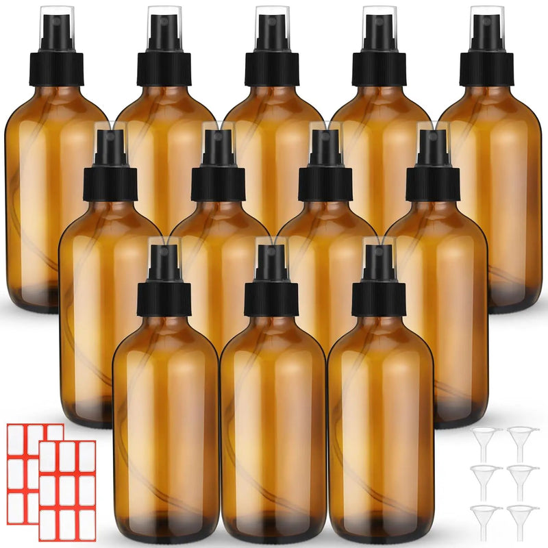 Norme 12 Pcs 8 oz Glass Spray Bottles with Funnels and Labels Refillable Cosmetic Empty Spray Bottles with Sprayer Containers for Essential Oil Cleaning Solutions(Amber,Stylish) by GreenHaven Gardens