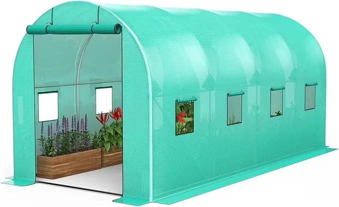 Compact Greenhouse Kit 7'x15'x7' with Galvanized Frame, 140G Green PE Cover, 1 Door & 8 Windows for Outdoor Gardening by GreenHaven Gardens
