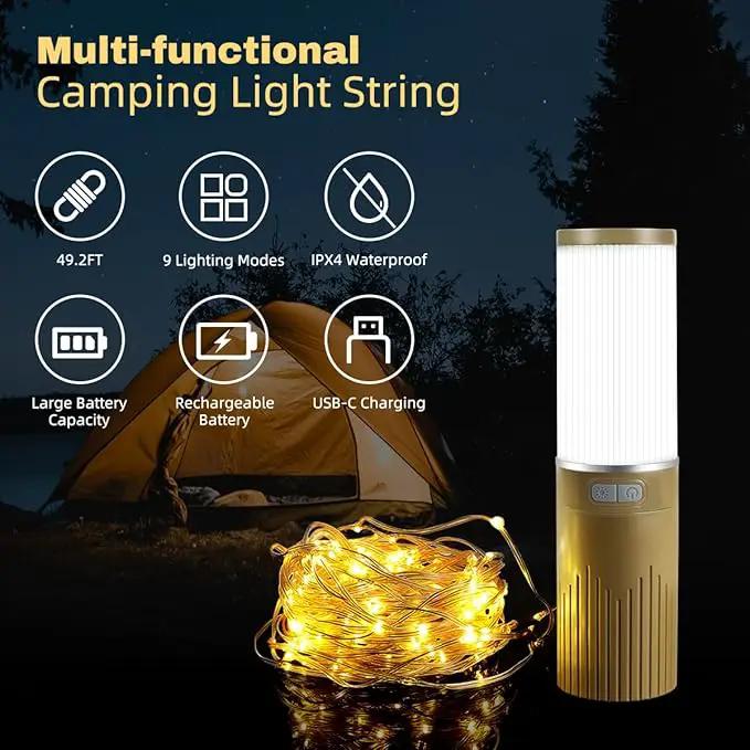 Camping Lantern with 49.2FT String, 2 in 1 Outdoor Warm White String Lights with 4 Modes & 5 Modes Rechargeable Camping Lamp IPX4 Waterproof Portable LED Tent Light for Outdoor Yard Garden Decoration by GreenHaven Gardens