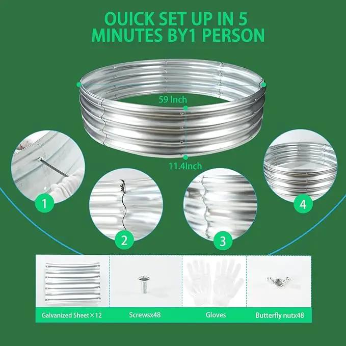 Durable Round Galvanized Steel Raised Garden Bed for Planting,Round Galvanized Steel Fire Ring/Fir Pit for Outdoor- 5×5×1FT,0.8MM Thick (Silver, 60 ins Diameter x 12 ins high) by GreenHaven Gardens