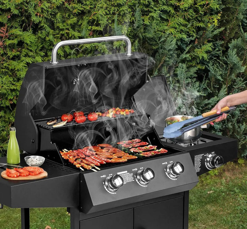 ROVSUN 3-Burner Propane Gas BBQ Grill with Side Burner & Enameled Cast Iron Grates, 46,000 BTU Barbecue Grill with Wheels for Outdoor Patio Backyard Cooking Grilling, Black by GreenHaven Gardens