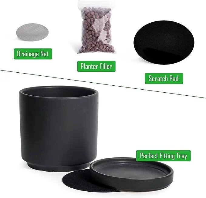 D'vine Dev 6 Inch Ceramic Planter Pot with Drainage Hole and Saucer, Indoor Cylinder Round Flower Pot, Black, 94-O-C-2 by GreenHaven Gardens