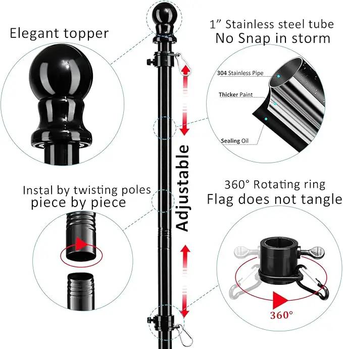 Black Flag Poles for Outside House inground - 8.5FT Metal Outdoor Yard House in Ground Flag Pole Holder for Porch with 2 Pronges Base - 3x5FT American Flag with Pole for House by GreenHaven Gardens