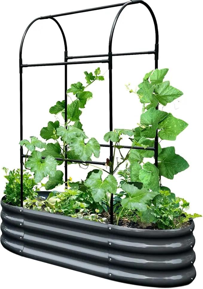 KING BIRD Raised Garden Bed with Arched Trellis Galvanized Planter Garden Box Outdoor for Gardening, Climbing Vegetables, Flowers 3.94x1.97x0.98 Ft, Dark Grey by GreenHaven Gardens