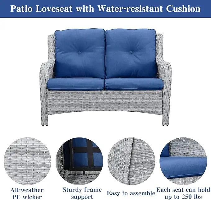 5 Piece Outdoor Patio Furniture Set - Patio Wicker Furniture Conversation Set, Outdoor Swivel Rocker Chairs with Loveseat Sofa and 2 Ottomans for Small Space, Blue Cushion by GreenHaven Gardens