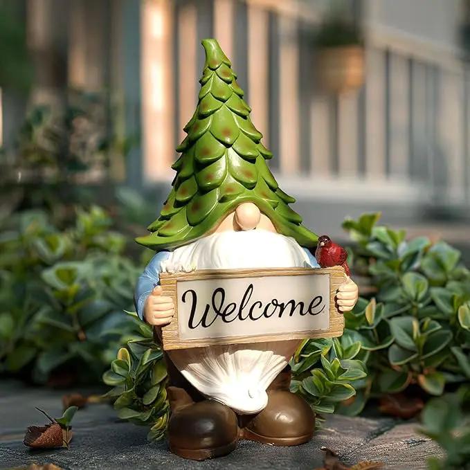 Garden Gnome Statue with Solar Lights, 13.5” Welcome Sign Gnome Outdoor Decor for Yard Lawn Patio, Funny Resin Gnome Sculptures, Gifts for Women Mom Grandma,Garden Decor Ornament by GreenHaven Gardens