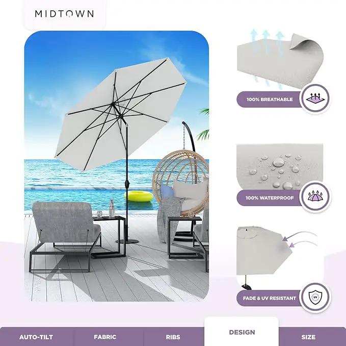 Midtown Umbrellas 10-Year-No-Fade - 9 Ft - UV Proof Off White Polyester Fabric - Umbrella Outdoor Patio, Auto-Tilt Aluminum Frame Patio Umbrella for Garden, Pool & Deck - Black Pole by GreenHaven Gardens
