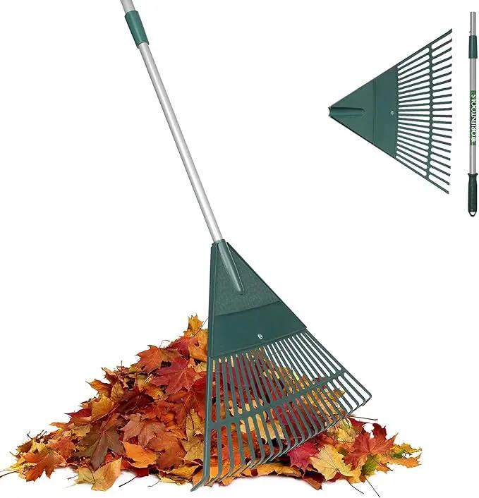 ORIENTOOLS Rake for Leaves,Adjustable Garden Leaf Rake ,Lightweight Steel Poly Yard Rake，22 Tines, 42 to 60 Inches (Silver Handle) by GreenHaven Gardens