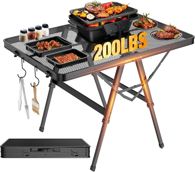 Foldable Grill Table with Mesh Desktop, 200lbs 3Ft Portable Folding Table, Height Adjustable Metal Table for Ourdoor, Camping, Picnic, BBQ and Beach, RV, 35.4" L x 23.6" W by GreenHaven Gardens