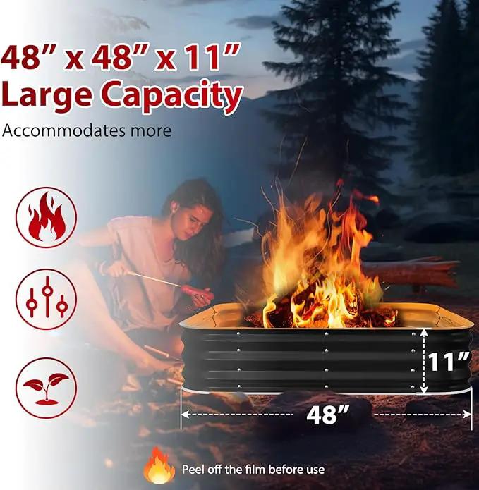 Fire Pit 48 Inch, Square Galvanized Steel Fire Pit for Outside, Heavy Duty Steel Fire Pit In-Ground for Backyard, Camping, Bonfire, Flower Raised Garden Bed for Garden, 11 Inch High by GreenHaven Gardens
